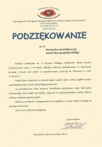 Podziękowanie z Gimnazjum w Krzyżanowa