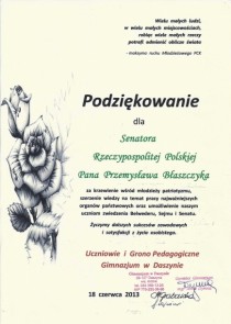 Podziękowanie od Gimnazjum z Daszyny 